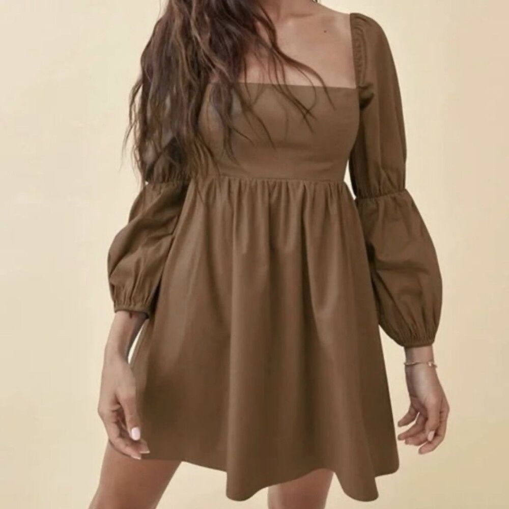 EXLURA Square Neck Puff Sleeve Mini Dress Smocked Back Brown Cottagecore M